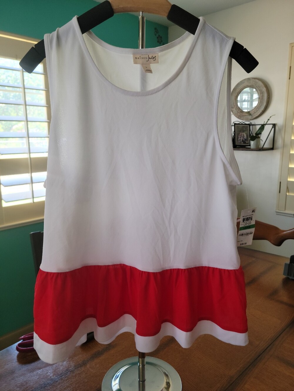 White and Red Sleeveless Ruffle-Hem Top by